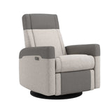 A modern swivel recliner chair upholstered in light beige and gray fabric, shown from a three-quarter angle on a white background.